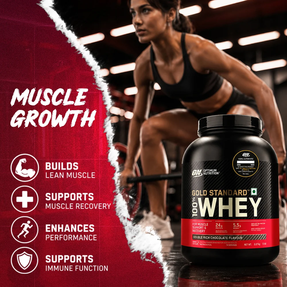 Optimum Nutrition Gold Standard Whey protein for muscle growth and recovery.